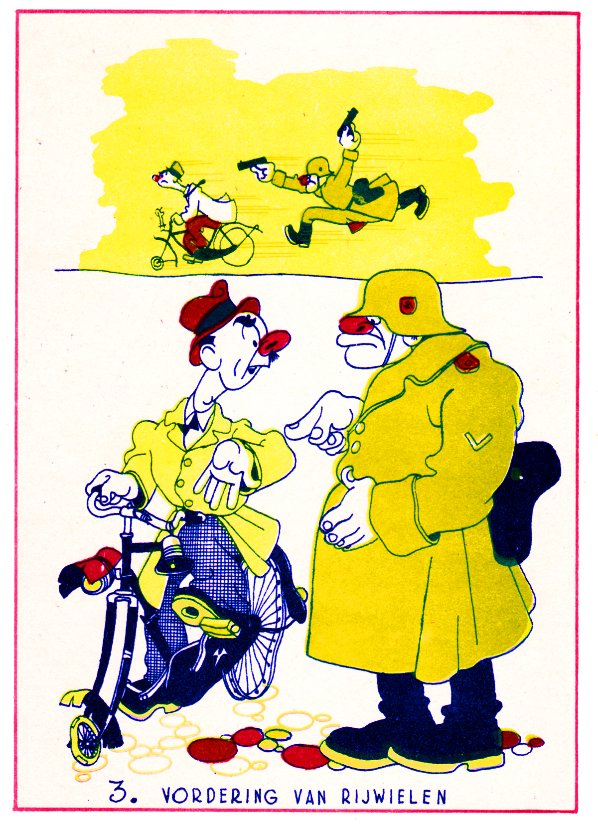 Eén van de prentbriefkaarten uit Het is niet waar ... dat hebben we niet gewild. Deze en andere prentbriefkaarten met cartoons van Karel Leendert illustreren de steeds grimmiger wordende oorlog en de terreur van de nazi’s, als tegenbeeld voor de propaganda van de bezetter. De opbrengst was bestemd voor ‘de slachtoffers van de huidige tirannie´. De kaartgen konden gezien de strekking uiteraard niet verstuurd worden. Ze zijn uitgegeven door de in 1944 clandestien opgerichte uitgeverij De Bezige Bij.  